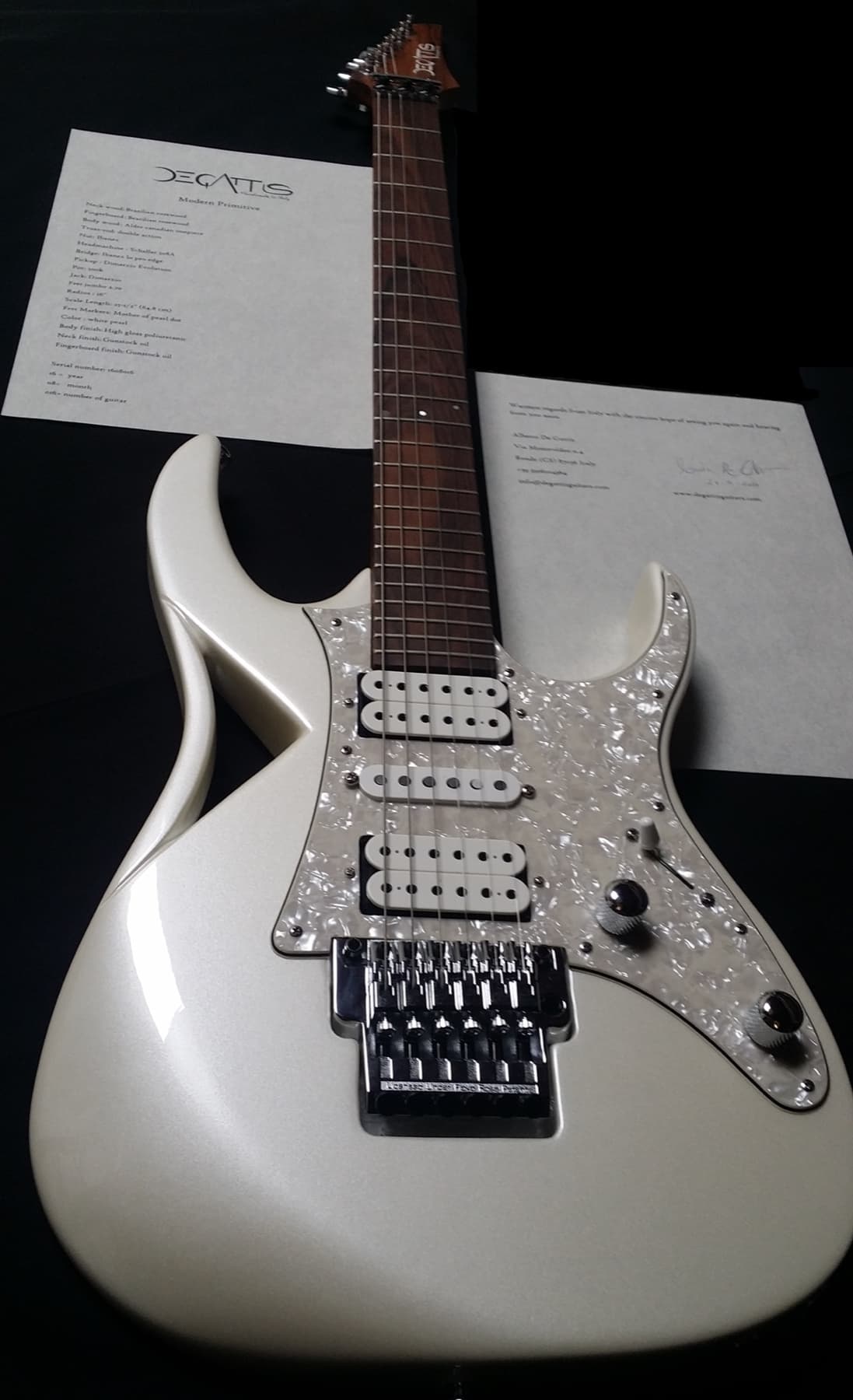 A guitarra ao lado da ficha técnica assinada