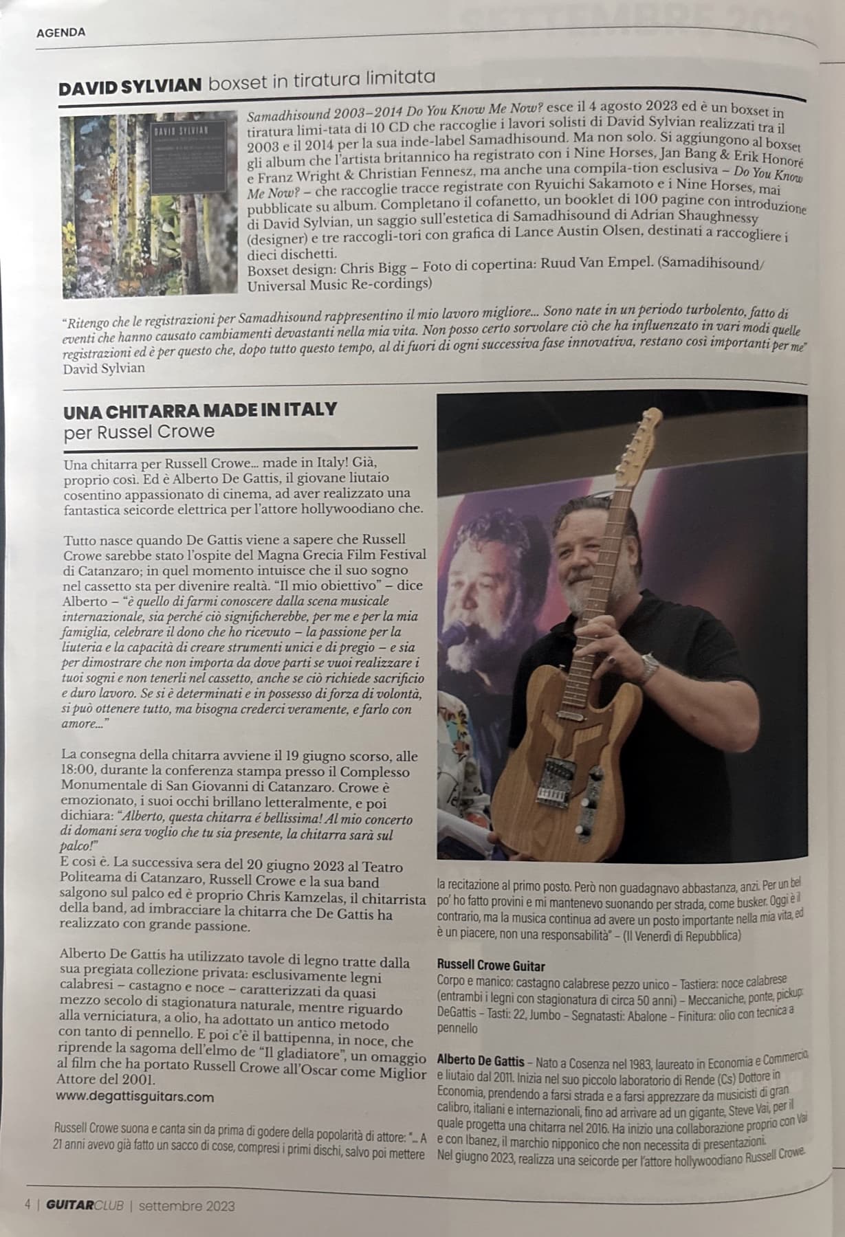 Die Seite von Guitar Club mit dem Artikel „Una chitarra made in Italy per Russell Crowe“