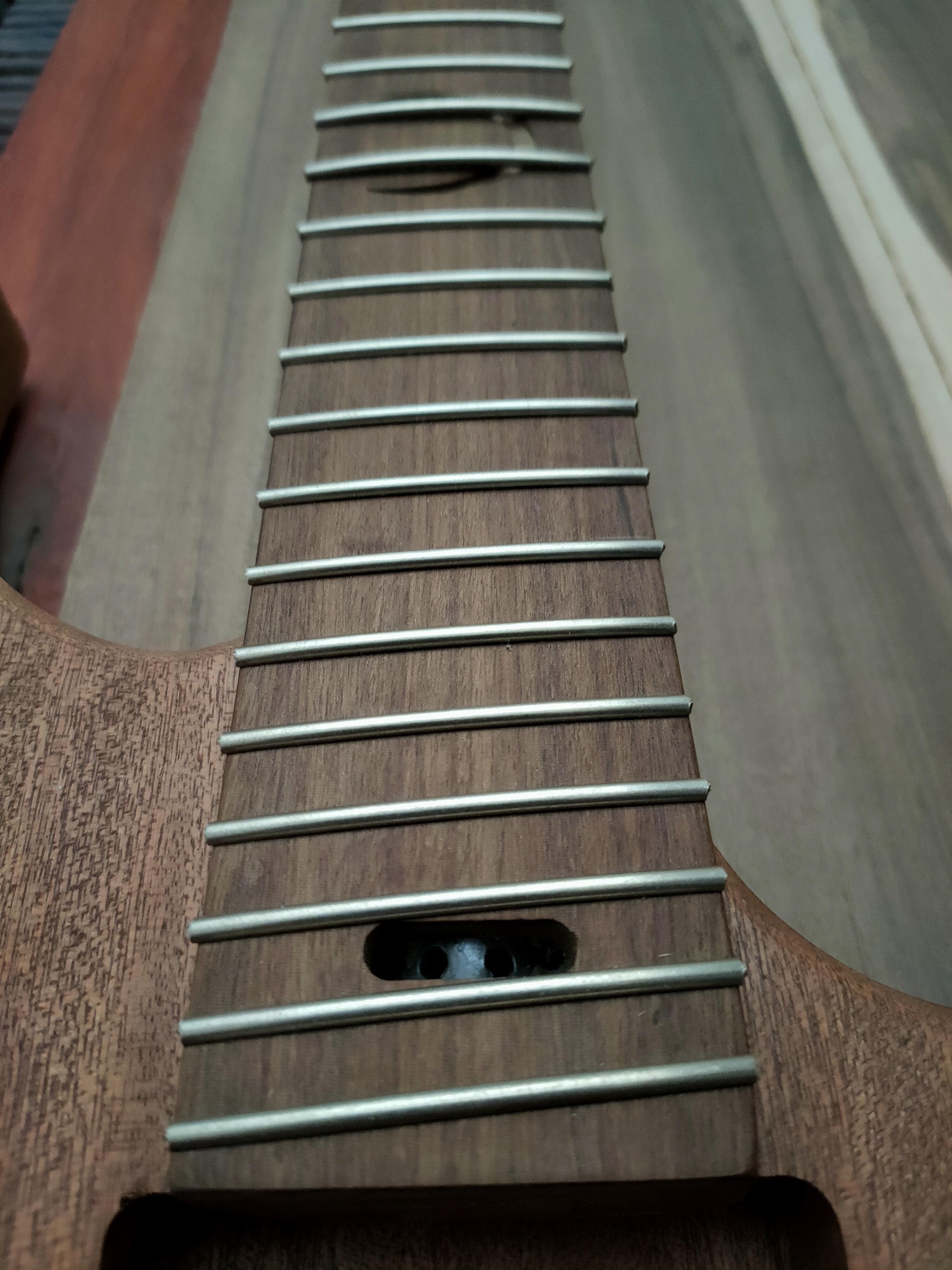 A fingerboard with its frets just fitted, seen along the neck